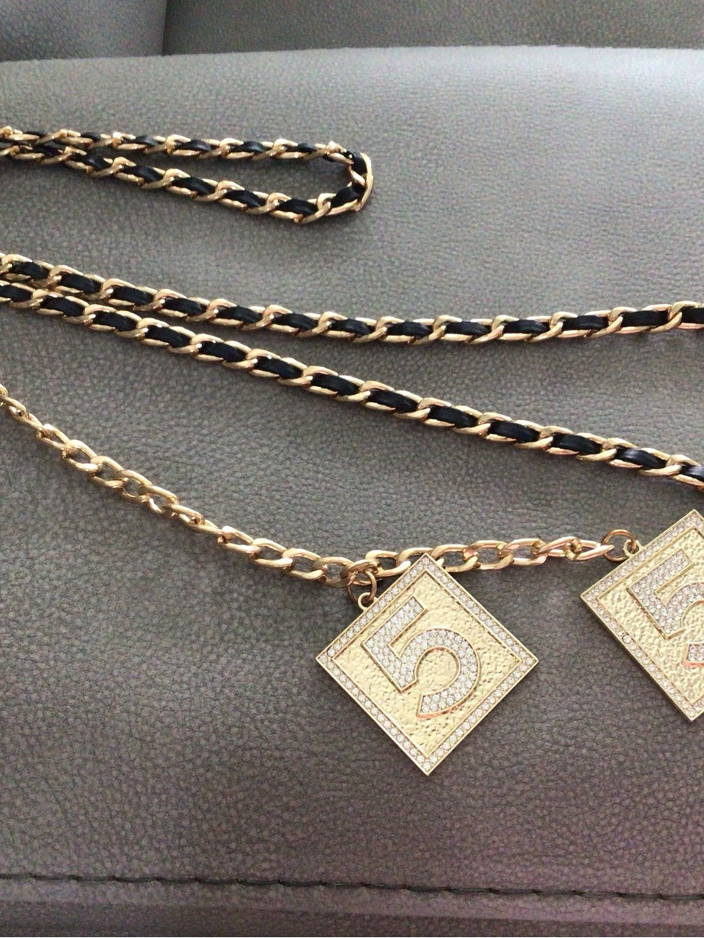 Gold-Tone Chain Belt with Black Leather Weave and Number 5 Pendant